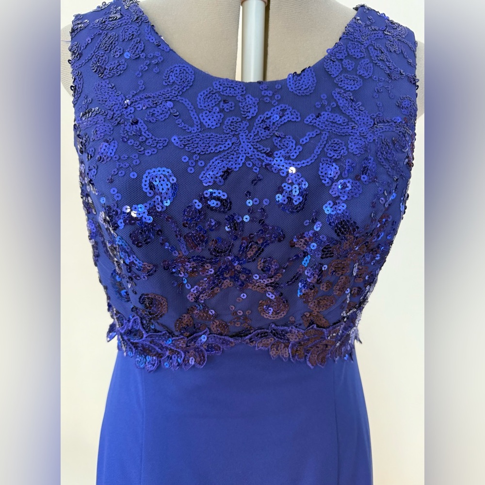 Royal Blue Sequined Dress with Open Back and Covered Buttons.  Size 18
